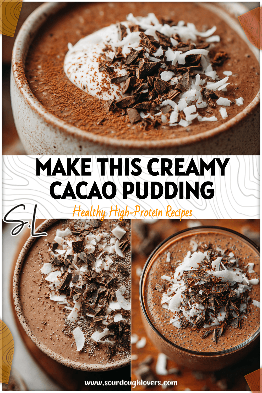 Bowl of creamy cacao blended chia pudding topped with coconut flakes and dark chocolate shavings.